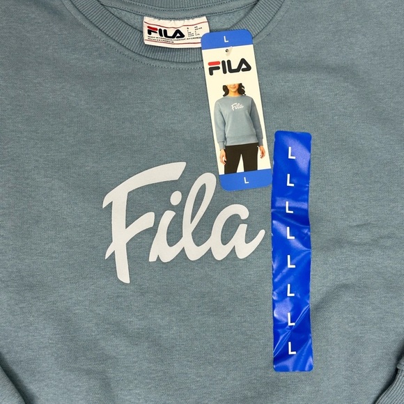 Women's Fila Large 12 -14 Blue Fleece Sweatshirt Logo Crew Pullover Long Sleeve - Picture 8 of 11